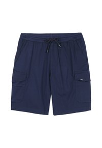 Shorts cargo bleu marine en tissu avec une taille élastique, un cordon de serrage, deux poches latérales et deux poches cargo sur les cuisses.