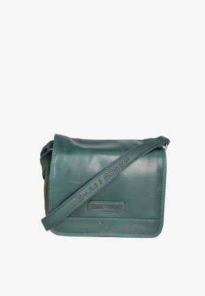 Groene leren crossbodytas met gegraveerd logo "Hill Burry" aan de voorkant en verstelbare schouderriem.