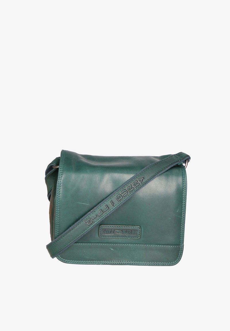 Sac bandoulière en cuir vert avec logo embossé "Hill Burry" sur le devant et bandoulière réglable.