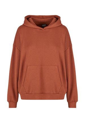 Huvtröja i rostig orange med en framficka, avslappnad passform, ribbade ärmslut och mjuk tygstruktur.