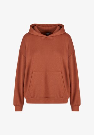 Kapucega kõik-pikkus-sweater rustikaalses oranžis, millel on ees rahakott, lõdvestatud lõige, soonikkoes mansetid ja siledat kangast tekstuur.