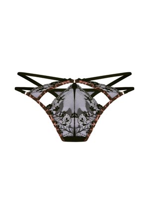 Zwarte kanten string met bloemmotieven, doorschijnende mesh stof en meerdere dunne zwarte elastische bandjes die een kruisvormig ontwerp vormen aan de tailleband.