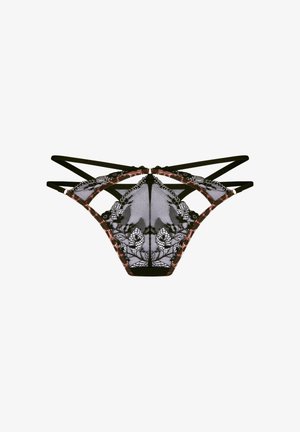 Black lace thong with floral patterns, sheer mesh fabric, and multiple thin black elastic straps forming a crisscross design at the waistband.