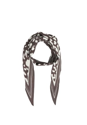 Dark brown scarf with white abstract spots and dotted border, loosely looped with pointed ends hanging down.