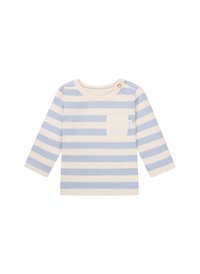 Blau-weißer gestreifter Langarmshirt mit rundem Ausschnitt, ausgestattet mit einer Brusttasche und einem Knopfdetail nahe dem Kragen. Weicher Stoff.