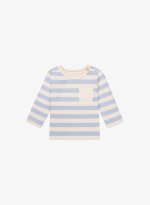 Blau-weißer gestreifter Langarmshirt mit rundem Ausschnitt, ausgestattet mit einer Brusttasche und einem Knopfdetail nahe dem Kragen. Weicher Stoff.