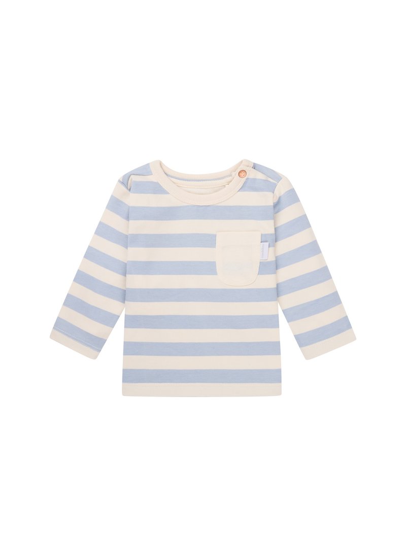 Blau-weißer gestreifter Langarmshirt mit rundem Ausschnitt, ausgestattet mit einer Brusttasche und einem Knopfdetail nahe dem Kragen. Weicher Stoff.