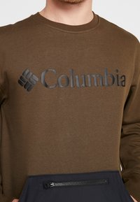 Homme portant un sweat à capuche Columbia marron avec une poche avant noire et une fermeture éclair, montrant le logo ainsi qu'une partie du cou et du bras.