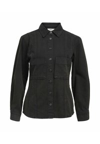 Giacca in denim nera con chiusura a bottoni, due tasche sul petto e colletto a punta. Presenta un taglio dritto e dettagli di cucitura semplici.