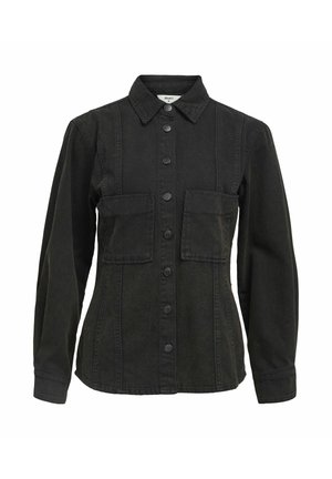 Giacca in denim nera con chiusura a bottoni, due tasche sul petto e colletto a punta. Presenta un taglio dritto e dettagli di cucitura semplici.