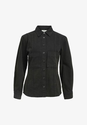 Melnas džinsu jaka ar pogām priekšpusē, divām krūšu kabatām un norādītu apkakli. Iespējota taisna griezuma un vienkāršu dūriens detaļas.