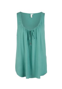Top sin mangas de color teal con escote en forma de barco, detalle fruncido en la parte delantera y lazo ajustable. Tela suave con corte relajado.