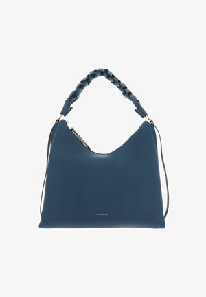 Sac à main en cuir bleu avec poignée tressée, fermeture éclair dorée et petit logo de marque doré "Coccinelle" à l'avant.