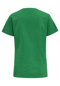 Grøn bomulds t-shirt med korte ærmer og rund halsudskæring, som har en ensfarvet design uden mønstre eller udsmykninger.