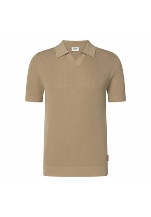 Beige gebreid poloshirt met een V-hals en korte mouwen. Heeft een geribbelde structuur en een label aan de zijkant.