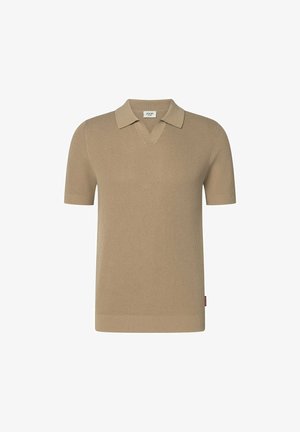 Beige gebreid poloshirt met een V-hals en korte mouwen. Heeft een geribbelde structuur en een label aan de zijkant.