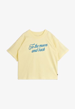 Pale yellow short-sleeve T-shirt with blue cursive text "To the moon and back" centered on the front.