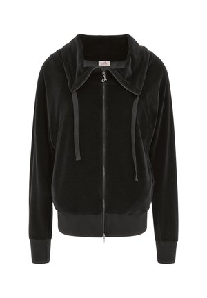 Felpa nera con zip realizzata in morbido tessuto vellutato. Presenta un grande colletto, cordini e polsini a costine. Design semplice e dritto.