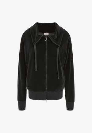 Sort zip-up hoodie lavet af blødt, fløjlsagtigt stof. Har en stor krave, snoretræk og ribbede manchetter. Enkel, lige design.