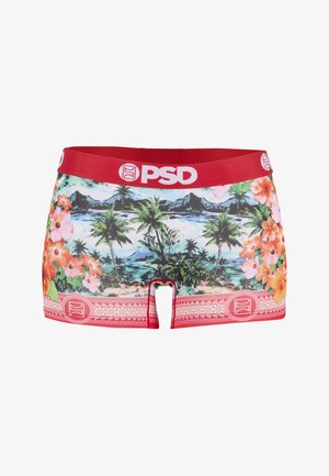 Herren-Boxershorts mit tropischem Blumen- und Palmenmuster, rotem elastischem Bund und weißem PSD-Logo.