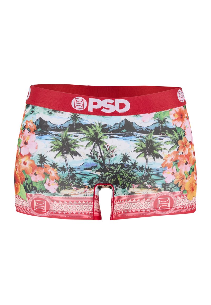 Boxers pour homme avec imprimé floral tropical et palmiers, ceinture élastique rouge, et logo PSD en blanc.