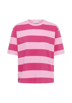 T-shirt à manches courtes avec de larges rayures horizontales alternant rose foncé et rose clair, col rond, coupe décontractée.
