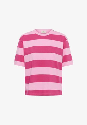 Tričko s krátkym rukávom, široké vodorovné pruhy v striedajúcich sa tmavoružových a svetloružových farbách, okrúhly výstrih, voľný strih.
