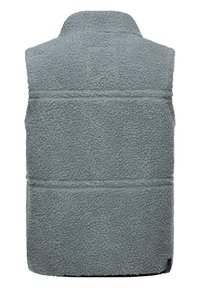 Fleece vest in muted gray with a textured surface. Features a high collar and horizontal seams for a structured design.