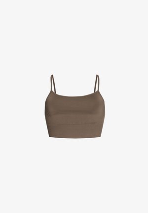 Brązowy dopasowany biustonosz typu bralette z regulowanymi cienkimi ramiączkami, miękką fakturą i minimalistycznym designem. Bez widocznych wzorów i elementów metalowych.