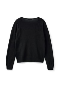 Czarny sweter z długim rękawem, okrągłym dekoltem, z prążkowanymi mankietami i dołem, leżący płasko na białym tle, pokazujący tył.