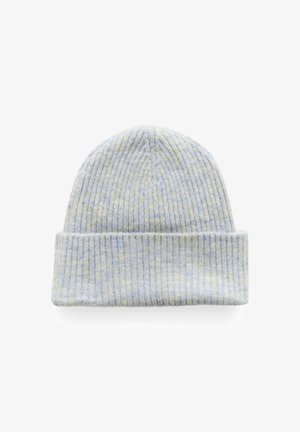Ljusblå och ljusgul melerad ribbad stickad mössa med uppvikt kant.