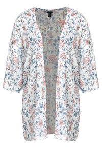 Květinový kimono vyrobený z lehkého materiálu, s bílým pozadím a růžovými a modrými květinami. Otevřený přední díl, krátké rukávy a volný střih.
