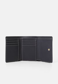 Black leather wallet with white stitching, featuring multiple card slots and a snap closure. Interior has a smooth, matte finish.