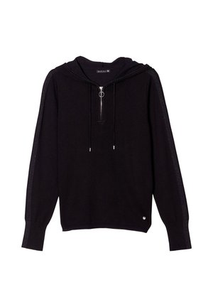 Felpa nera con zip frontale, cappuccio con cordino e maniche lunghe. Presenta dettagli testurizzati lungo le maniche e un logo sul bordo.