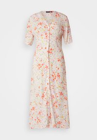 Rochie cu model floral în roz deschis, cu mâneci scurte, având un guler cu nasturi în față și accente de culori variate în portocalie, verde și mov.