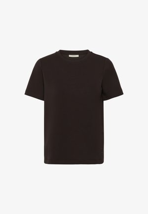 Prosty czarny T-shirt z krótkim rękawem i okrągłym dekoltem, z małą metką przy kołnierzu, prezentowany na białym tle.