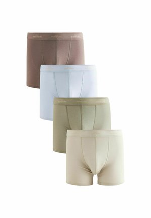 Vier Paare von Herrenunterhosen: braun, hellblau, grün und beige. Hergestellt aus glattem Stoff mit elastischen, mit Logo versehenen Bündchen und einer engen Passform.