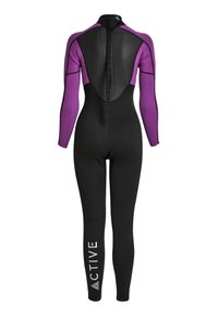 Cały kombinezon neoprenowy w czarnym kolorze z purpurowymi akcentami. Zamek z tyłu, detal logo na dolnej części nogi.
