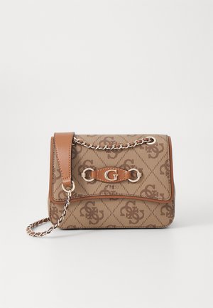 Brown patterned Guess shoulder bag with chain strap, leather accents, and gold-tone "G" logo clasp on front flap.