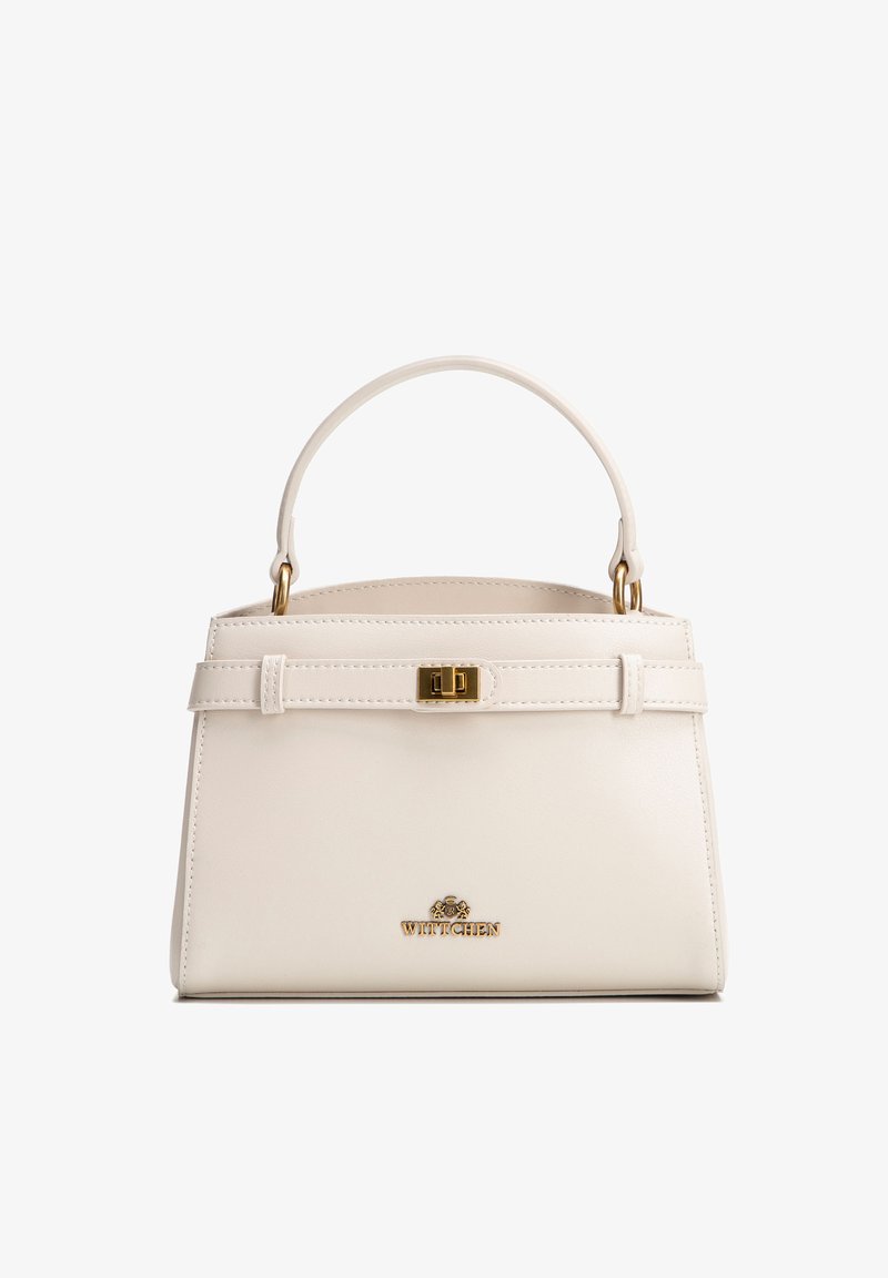 Crèmekleurige leren handtas met handgreep aan de bovenkant, goudkleurige rechthoekige draaivergrendeling en "WITTCHEN"-logo in goud aan de onderkant.