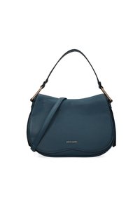 Borsa a spalla in pelle teal dalla forma tondeggiante, con dettagli cuciti e un logo dorato. Presenta un manico superiore singolo e una tracolla regolabile.