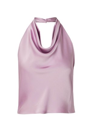 Cowl-neck halter top in light lavender satin fabric. Smooth texture with a relaxed fit and open back design. Fastened at the nape with a hook.