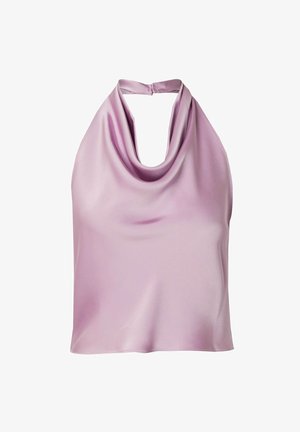 Halsband top met kraag in licht lavendel satijnen stof. Soepele textuur met een loose fit en open rugontwerp. Sluit aan de nek met een haak.