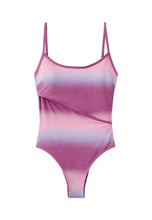 Bañador de una pieza en tonos degradados rosa y púrpura con tirantes finos y una costura diagonal en la parte delantera.