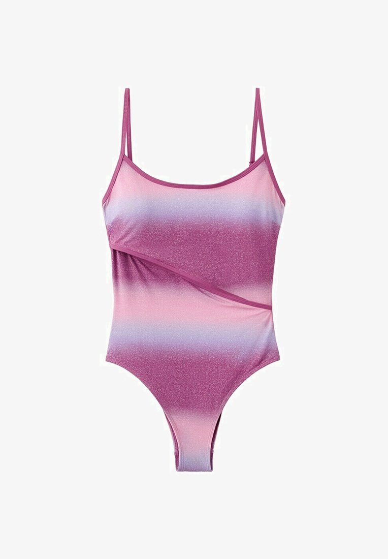 Maillot de bain une pièce ombré rose et violet avec des bretelles fines et une couture diagonale traversant le devant.