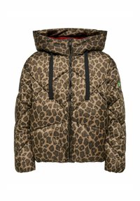 Leopard print puffer jacket featuring a hood, black drawstrings, and a zip closure. The material is glossy with quilted texture.