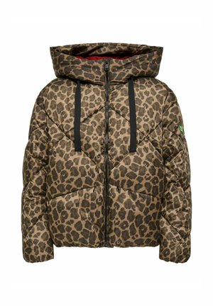 Leparda raksta pūkains jake ar kapuci, melniem nūjiņām un rāvējslēdzēju. Materiāls ir spīdīgs ar kviltotu tekstūru.