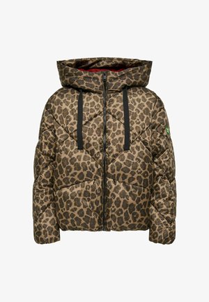 Puhasti bunda v leopardjemu vzoru z kapuco, črnimi vrvicami in zadrgo. Material je sijajen z črtasto teksturo.