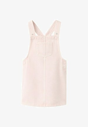 Robe salopette rose clair sans manches avec bretelles croisées, poche avant, et boutons-pression sur les côtés et les bretelles.