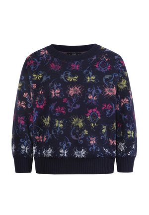 Pull marine bleu avec motif floral en rose, jaune et bleu. Il possède un col rond et des poignets côtelés. Texture en maille douce.